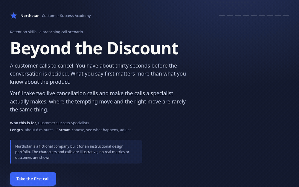 Animated preview of the Beyond the Discount interactive scenario, showing the intro screen, a live call with decision choices, and the coaching feedback that follows a choice.
