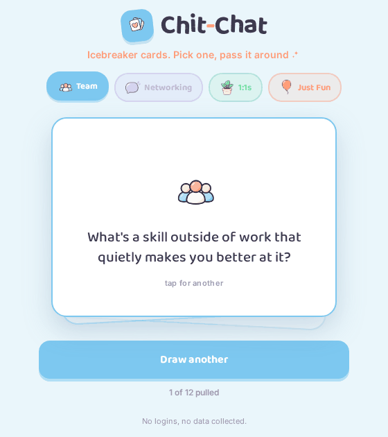 Animated preview of the Chit-Chat app, showing a card being drawn and the category switching between Team, Networking, 1:1s, and Just Fun.