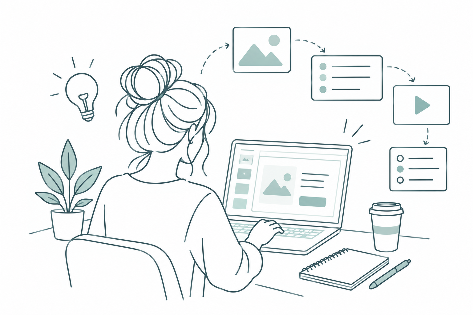 Illustration of a learning designer building an interactive course at her laptop
