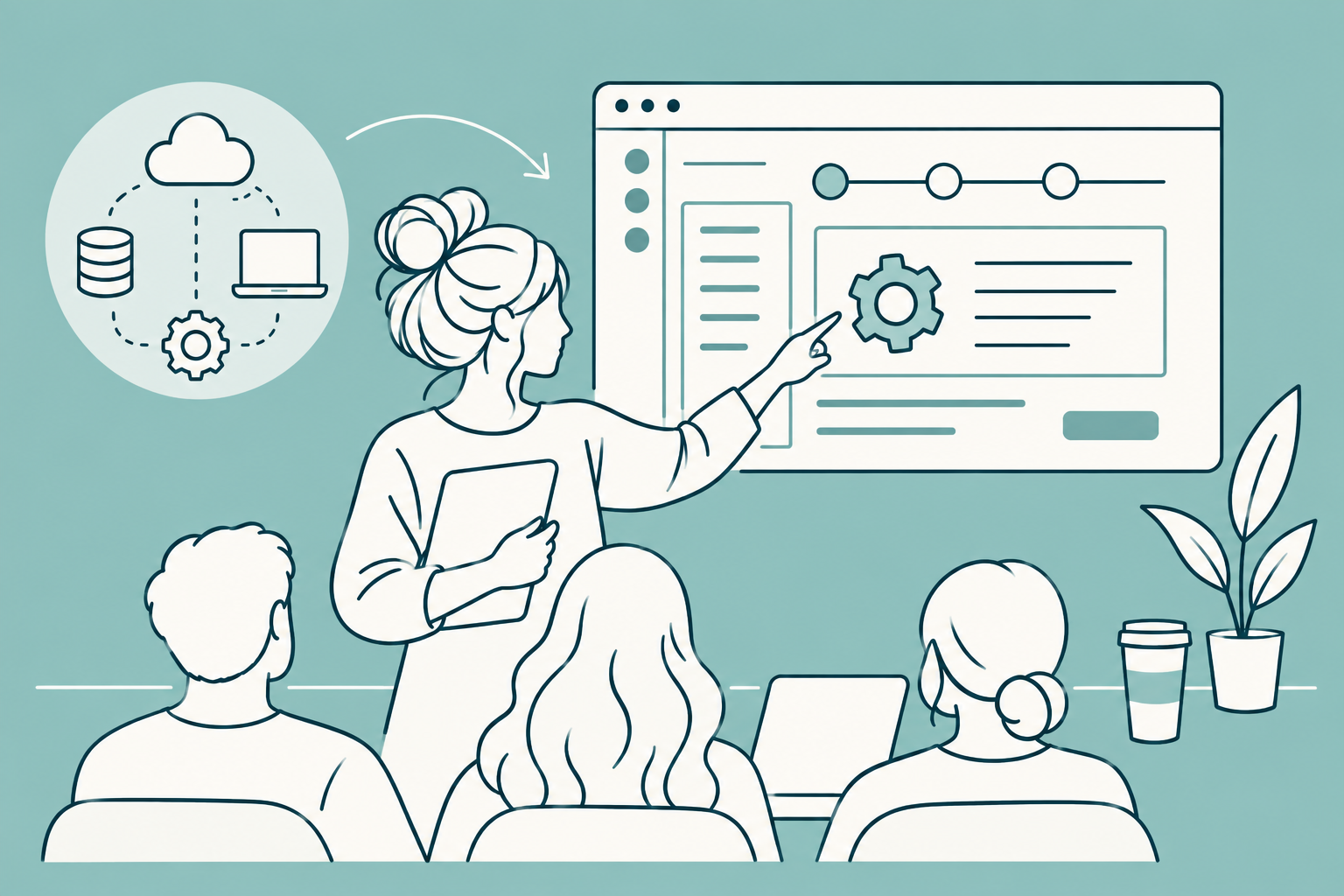 Illustration of a facilitator walking a team through a system workflow on screen