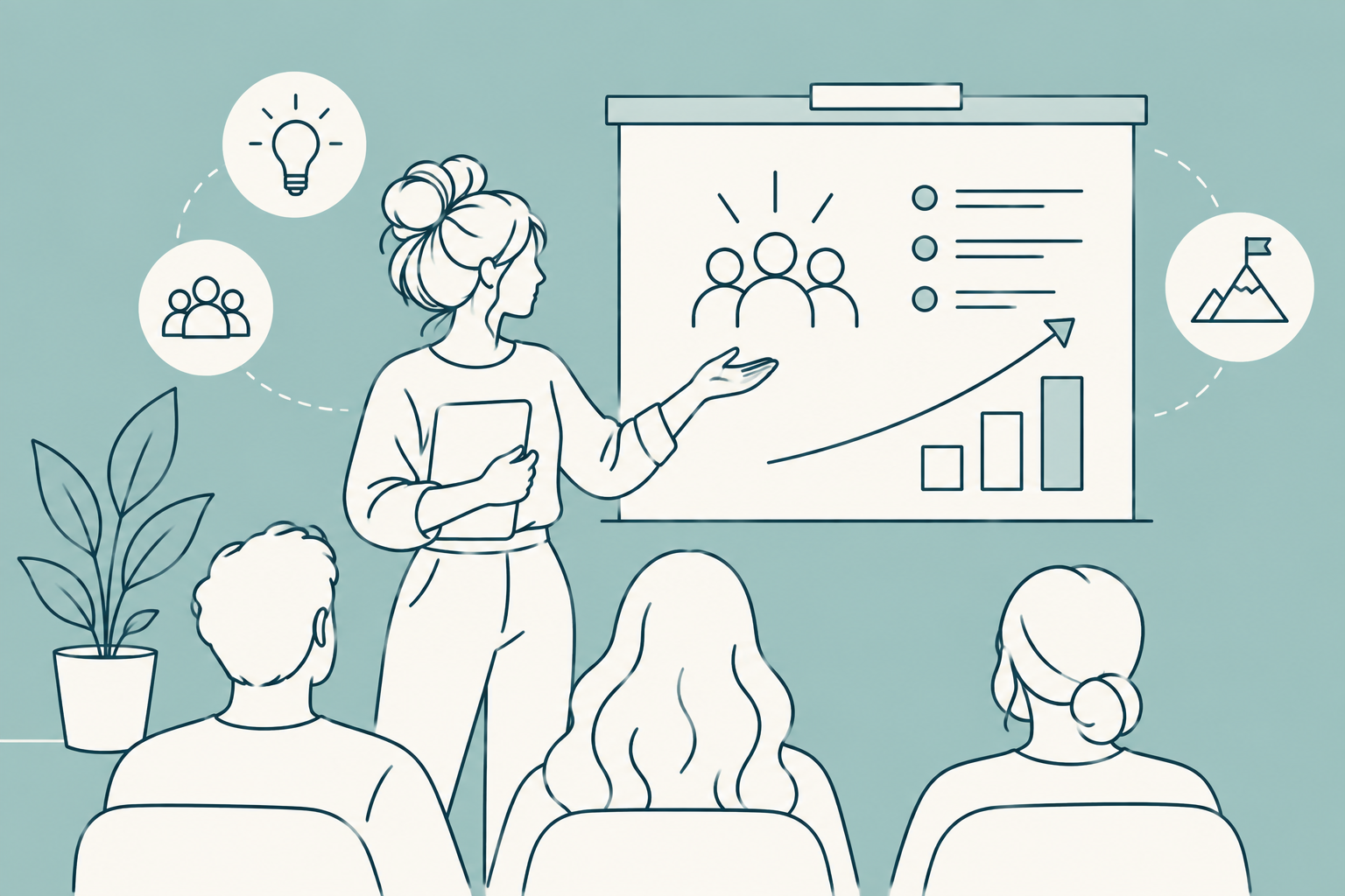 Illustration of an instructor leading a session with charts and goals on a teal background