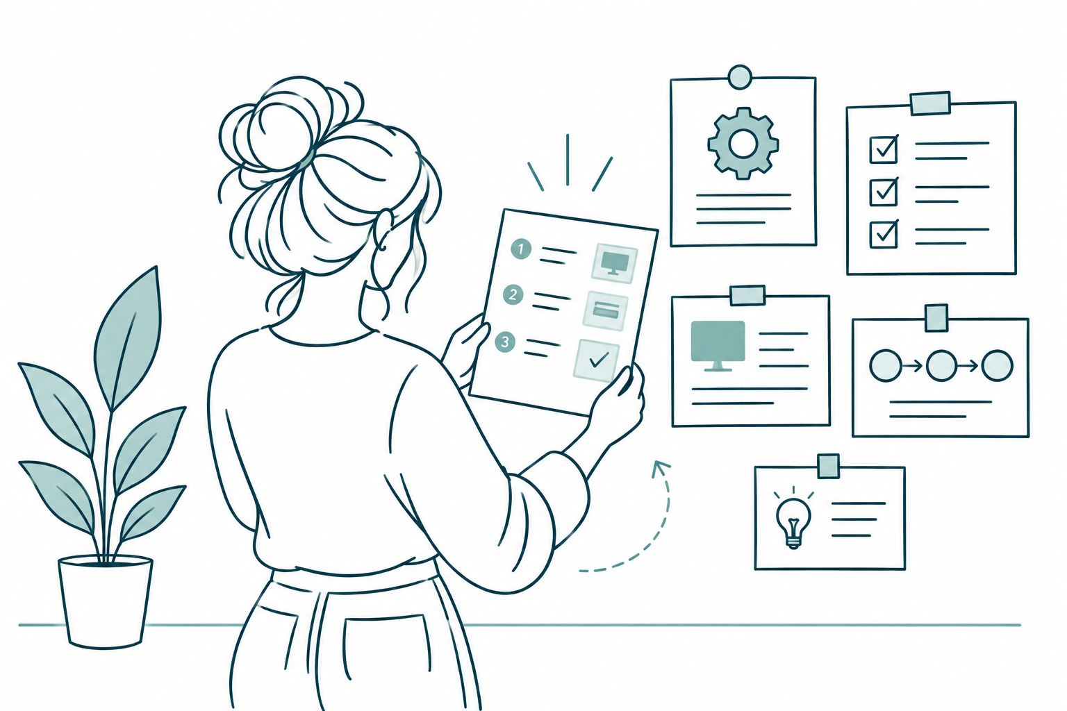 Illustration of a learning designer reviewing step-by-step checklists and job aids on a white background