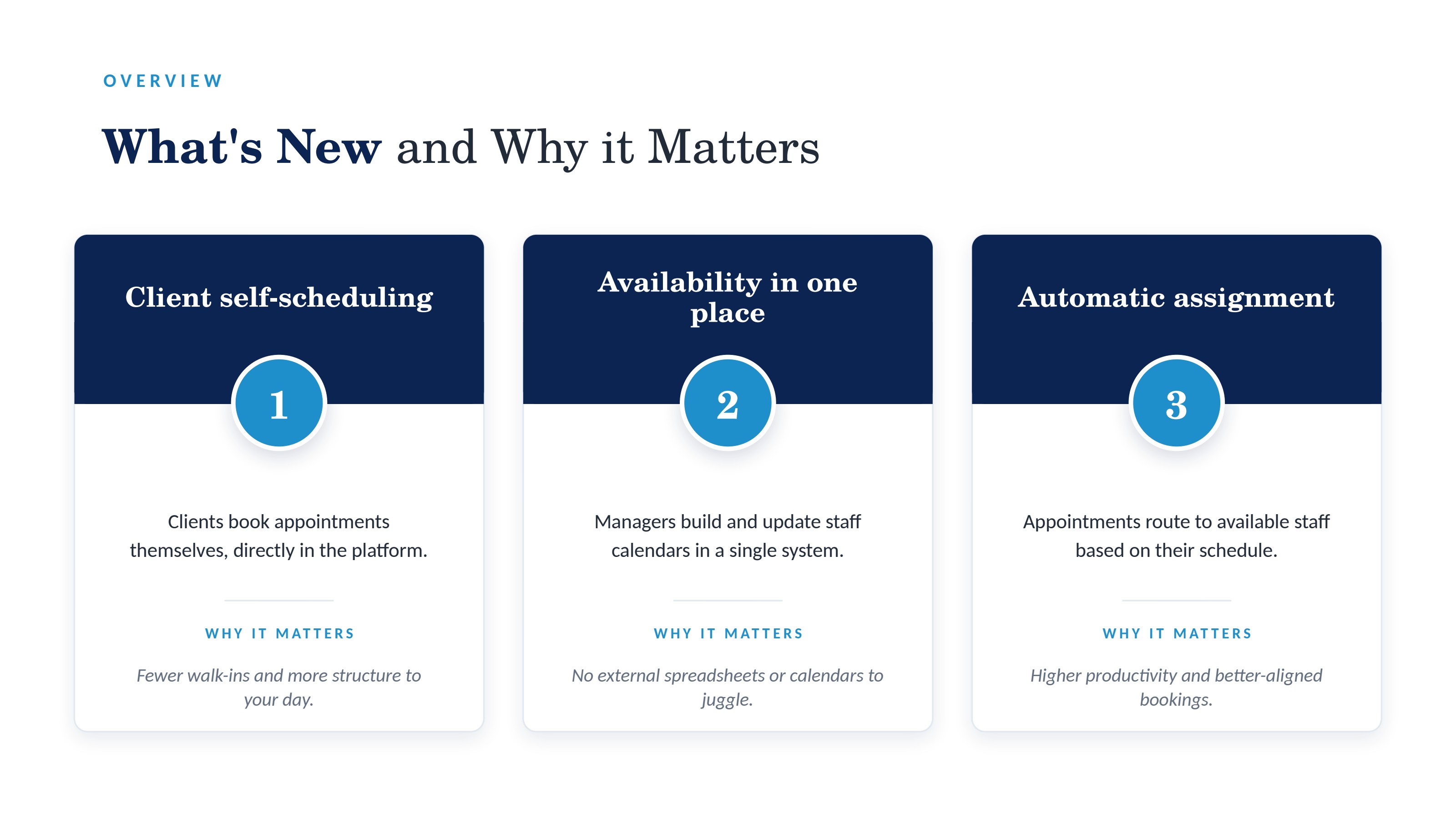 A scheduling overview with three cards describing client self-scheduling, availability in one place, and automatic assignment.
